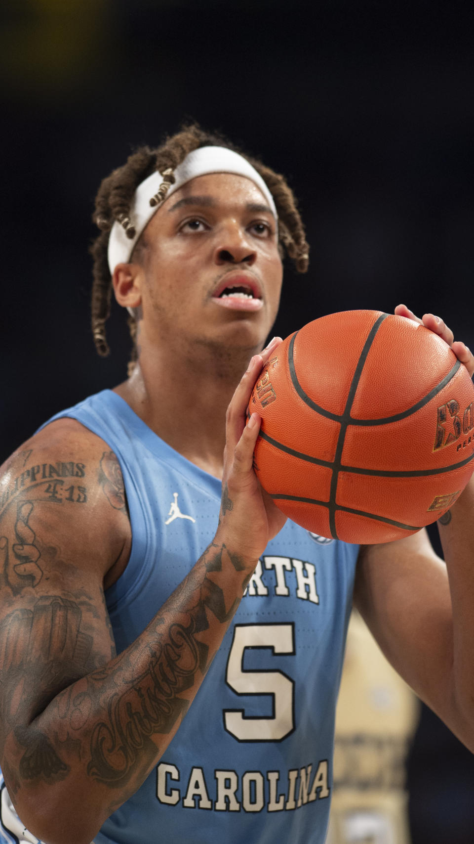 North Carolina forward Armando Bacot (5) shoots a foul shot during the first half of an NCAA college basketball game against Georgia Tech, Sunday, Dec. 5, 2021, in Atlanta. (AP Photo/Hakim Wright Sr.)