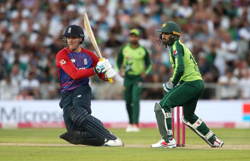 Jason Roy, left, brings up his half-century against Pakistan (PA Wire)