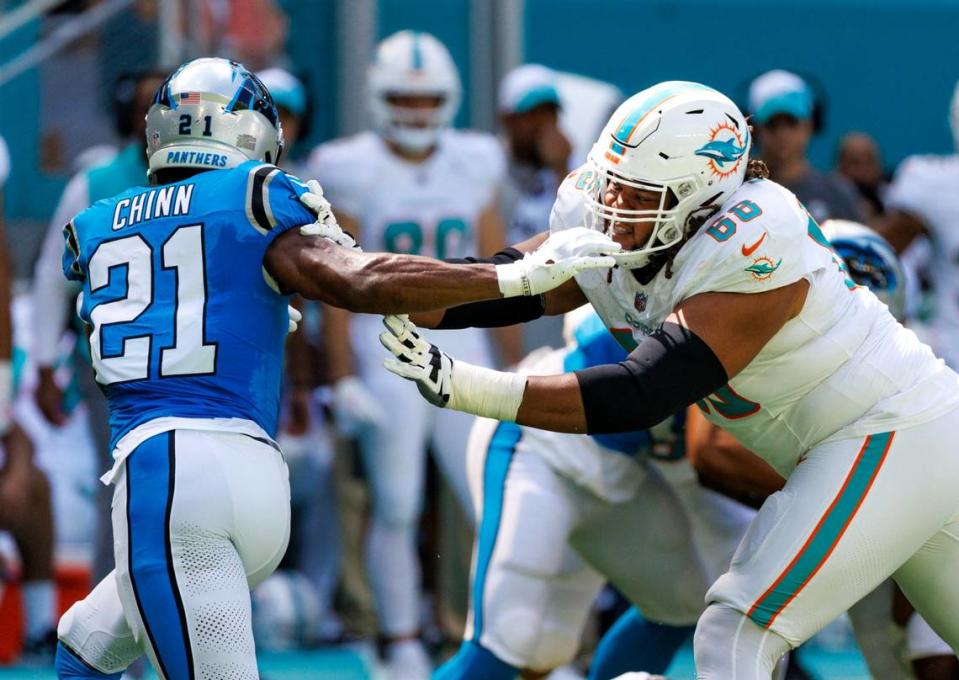 Miami Dolphins offensive tackle Robert Hunt (68) blocks Carolina Panthers safety Jeremy Chinn (21) during second quarter of an NFL football game at Hard Rock Stadium on Sunday, Oct. 15, 2023 in Miami Gardens, Fl.