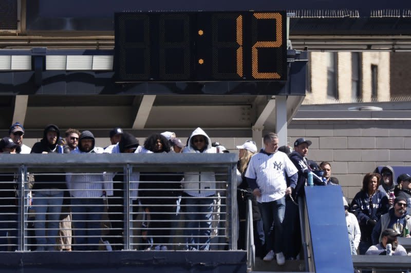 MLB teams placed clocks throughout their stadiums in 2023 to show batters, pitchers and fans how much time was allowed during home-plate playing interactions. File Photo by John Angelillo/UPI
