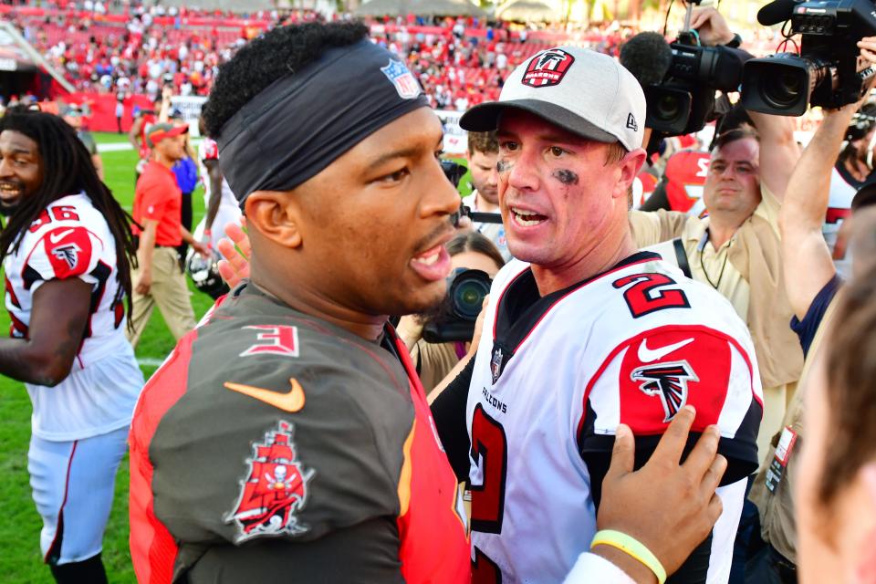 QBs Matt Ryan (2) and Jameis Winston will no longer be NFC South rivals, but the division was most certainly impacted as their situations evolved Monday.