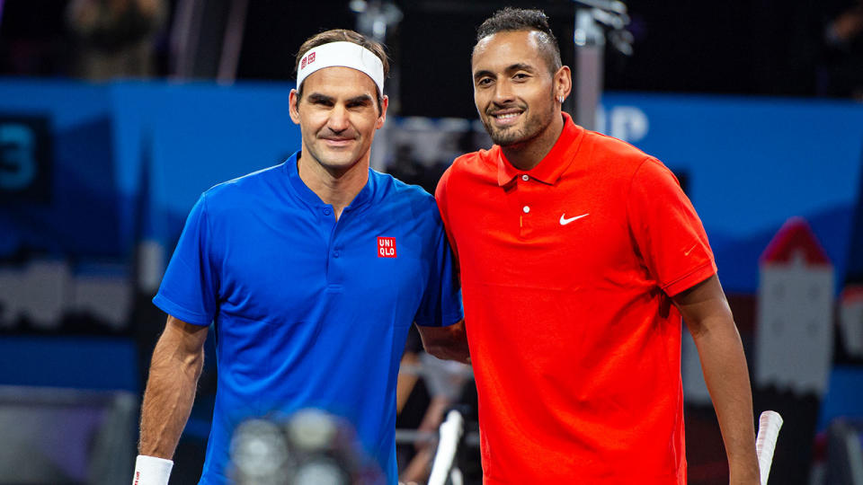 Roger Federer and Nick Kyrgios at the Laver Cup. (Photo by RvS.Media/Monika Majer/Getty Images)