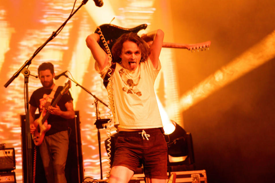 <sup>King Gizzard’s Stu Mackenzie and Lucas Harwood onstage in Milan earlier this year (photo: Mairo Cinquetti / SOPA Images / LightRocket via Getty Images).</sup>