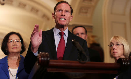 FILE PHOTO - U.S. Senator Richard Blumenthal (D-CT) speaks to reporters about the Supreme Court nomination of Judge Brett Kavanaugh in the wake of a woman's accusation that Kavanaugh sexually assaulted her 36 years ago, at the U.S. Capitol on Capitol Hill in Washington, U.S., September 18, 2018. REUTERS/Mike Segar