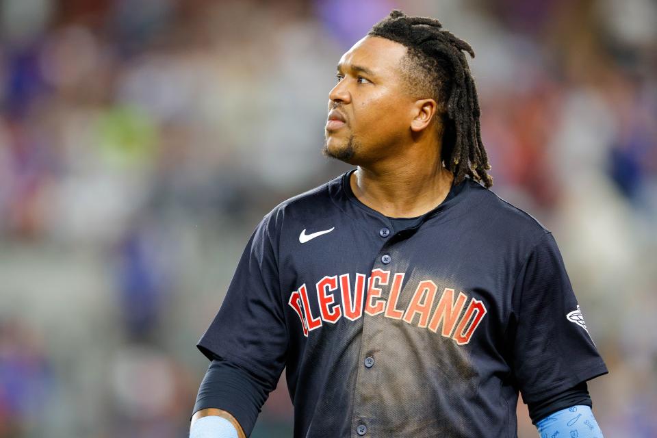 Guardians third baseman José Ramírez reacts after being stranded at third during the seventh inning against the Rangers, May 13, 2024, in Arlington, Texas.