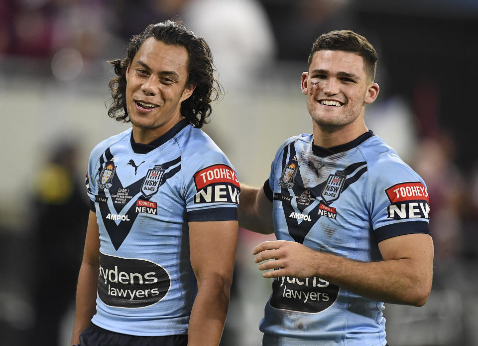 Nathan Cleary and Jarome Luai, pictured here in action for NSW in 2021.