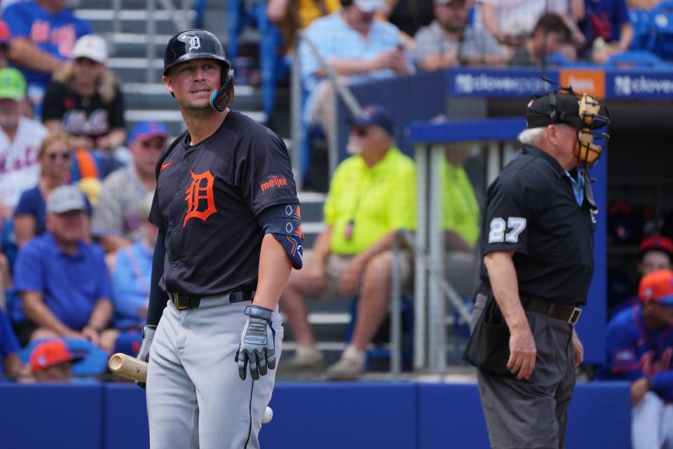 Detroit Tigers first baseman Spencer Torkelson (20) walks back to the dugout after striking out in the second inning against the New York Mets at Clover Park in Port St. Lucie, Florida, on Sunday, March 10, 2024.