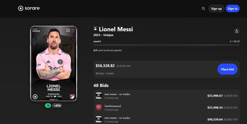 El NFT de Messi en Sorare se subastó a más de u$s56.000 en ETH