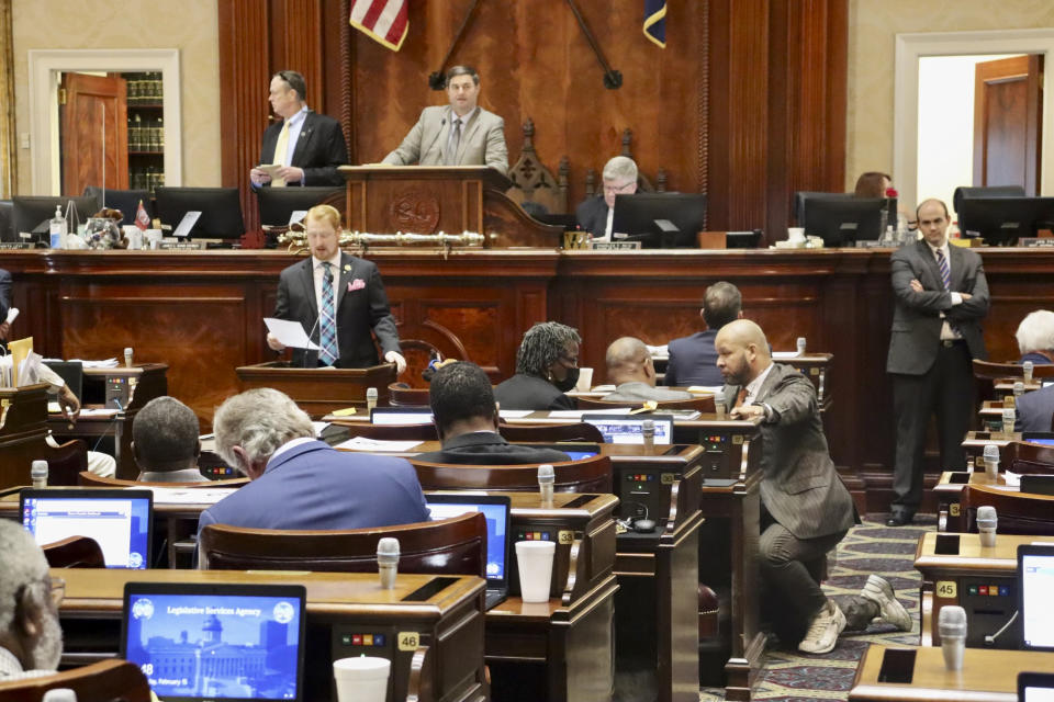 Republican Rep. Josiah Magnuson speaks in favor of an attempt to remove exceptions from a proposed abortion ban on Wednesday, Feb. 15, 2023, in Columbia, S.C. The South Carolina House debated a full abortion ban from conception. (AP Photo/James Pollard)