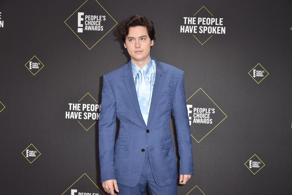 Sprouse poses for a photo on the red carpet while wearing a suit