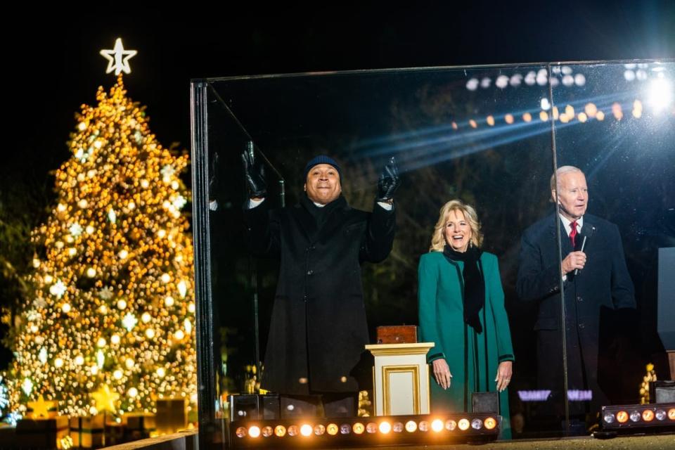 US President Joe Biden, First Lady Dr. Jill Biden, American rapper LL Cool J light the 100th National Christmas Tree during the Lighting Ceremony at The Ellipse of the White House on Wednesday November 30, 2022. (Photo by Demetrius Freeman/The Washington Post via Getty Images) US President Joe Biden, First Lady Dr. Jill Biden, American rapper LL Cool J light the 100th National Christmas Tree during the Lighting Ceremony at The Ellipse of the White House on Wednesday November 30, 2022. (Photo by Demetrius Freeman/The Washington Post via Getty Images)