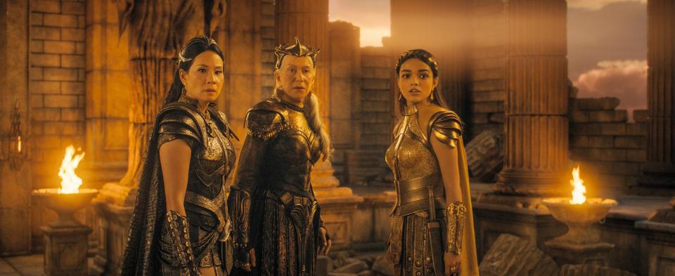 SHAZAM! FURY OF THE GODS, (aka SHAZAM 2), from left: Lucy Liu, Helen Mirren, Rachel Zegler, 2023. © Warner Bros. / Courtesy Everett Collection