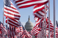 The U.S. Capitol is seen between flags placed on the National Mall ahead of the inauguration of President-elect Joe Biden and Vice President-elect Kamala Harris, Monday, Jan. 18, 2021, in Washington. (AP Photo/Alex Brandon)