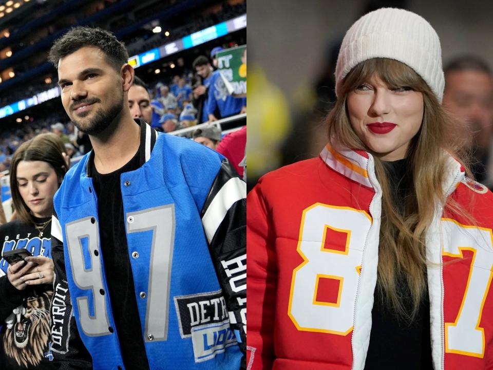 taylor lautner and taylor swift wearing nfl jackets