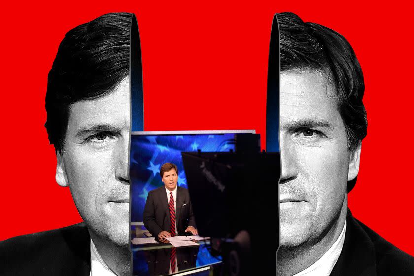 photo illustration of Tucker Carlson split in half with a photo of him at the Fox tv studio desk inside.