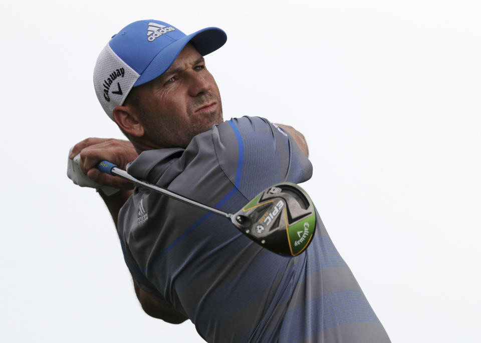 Sergio Garcia, of Spain, drives off the 10th tee during the second round of the PGA Championship golf tournament, Friday, May 17, 2019, at Bethpage Black in Farmingdale, N.Y. (AP Photo/Charles Krupa)