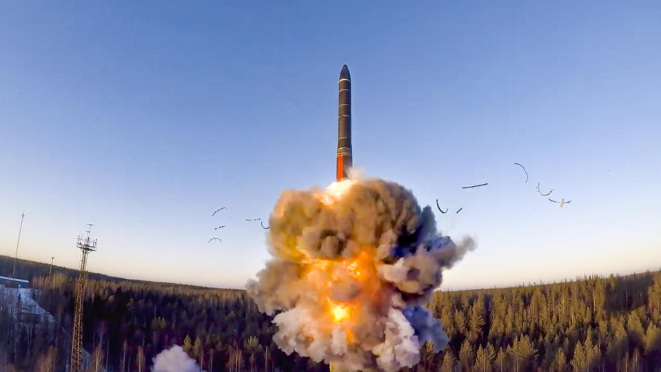 FILE - In this file photo taken from a video distributed by Russian Defense Ministry Press Service, on Wednesday, Dec. 9, 2020, a rocket launches from missile system as part of a ground-based intercontinental ballistic missile test launched from the Plesetsk facility in northwestern Russia. Russia and the United States exchanged documents Tuesday Jan 26, 2021, to extend the New START nuclear treaty, their last remaining arms control pact, the Kremlin said. The Kremlin readout of a phone call between U.S. President Joe Biden and Russian President Vladimir Putin said they voiced satisfaction with the move. (Russian Defense Ministry Press Service via AP, File)