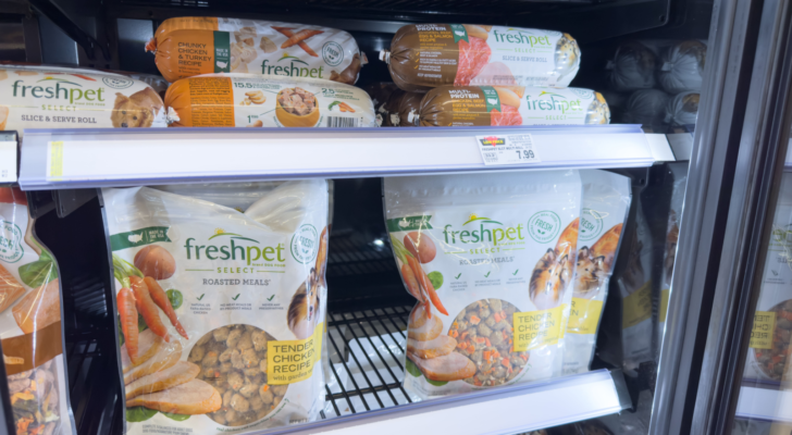 A view of several packages of FreshPet (FRPT) pet food, on display at a local grocery store.