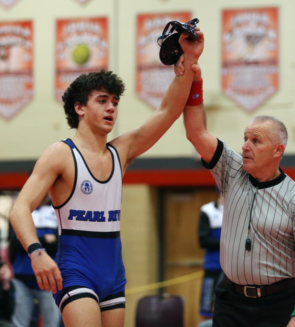 Pearl River's Michael Malfitano and Suffern's Maxim Kochergin wrestle in the 152-pound weight class during the Rockland County wrestling championship at Tappan Zee High School Jan. 21, 2023. Malfitano won the match.