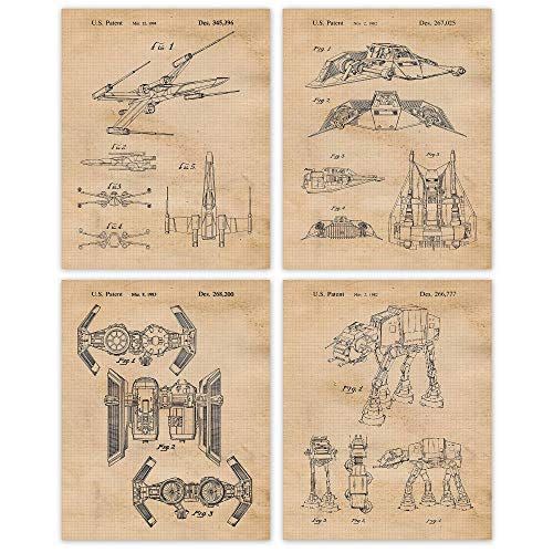 Vintage Star Vessels Patent Prints, 4 (8x10) Unframed Photos, Wall Art Decor Gifts Under 20 for Home Office Studio Garage Shop Man Cave Student Teacher Coach Comic-Con Wars Blockbuster Movies Fan