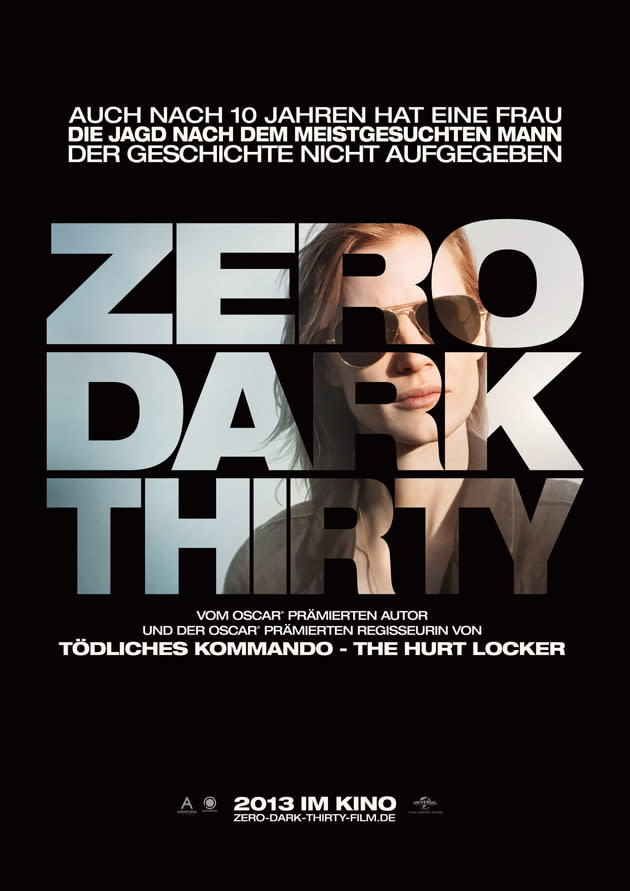 <b>"Zero Dark Thrity": 31. Januar 2013 <a href=" http://de.screen.yahoo.com/zero-dark-thirty-trailer-kinostart-135804692.html" data-ylk="slk:- Trailer ansehen;elm:context_link;itc:0;sec:content-canvas;outcm:mb_qualified_link;_E:mb_qualified_link;ct:story;" class="link  yahoo-link"> - Trailer ansehen</a> </b><br><br>Die Jagd nach Osama bin Laden hielt die Welt mehr als ein Jahrzehnt lang in Atem. Am Ende spürte ein kleines Team von CIA und Navy SEALs den meistgesuchten Terroristen auf. Jeder Aspekt dieser Untersuchung war geheim. Einige Details sind inzwischen veröffentlicht, die entscheidenden Aspekte der Operation werden jedoch erstmals in diesem Film der beiden Oscar®-Preisträger Kathryn Bigelow und Mark Boal enthüllt. ZERO DARK THIRTY (der Titel steht für die militärische Zeitangabe von 0.30 Uhr, jenem Moment, als der Angriff der Navy SEALs begann) steht für eine neue Art von Filmkunst, indem investigatives Drama mit Actionelementen kombiniert wird. Dabei steht die Geschichte von Maya (Jessica Chastain), die die Ermittlung leitet, im Mittelpunkt.