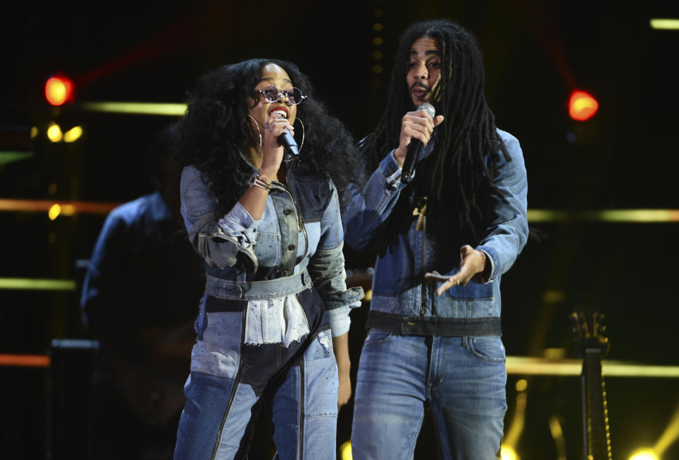 H.E.R, left, and Skip Marley perform at the 51st NAACP Image Awards at the Pasadena Civic Auditorium on Saturday, Feb. 22, 2020, in Pasadena, Calif. (AP Photo/Chris Pizzello)