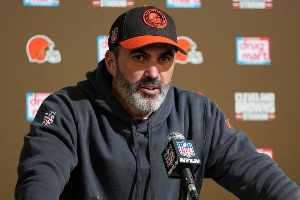 Cleveland Browns coach Kevin Stefanski answers a question after a game against the Jacksonville Jaguars on Sunday in Cleveland.