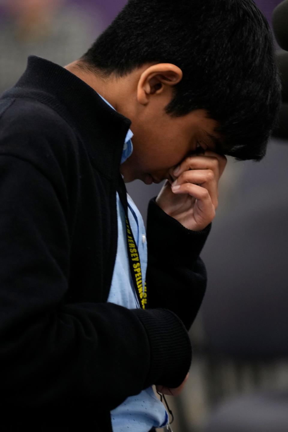 Jeremiah Markose, of David E. Owens Middle School, in New Milford, pauses as he tries to think of the correct letters, during one of the final rounds of the North Jersey Spelling Bee, at Bergen County Community College, in Paramus.  Markose came in the top five in the competition of 55 Bergen County spellers. Tuesday, March 14, 2023