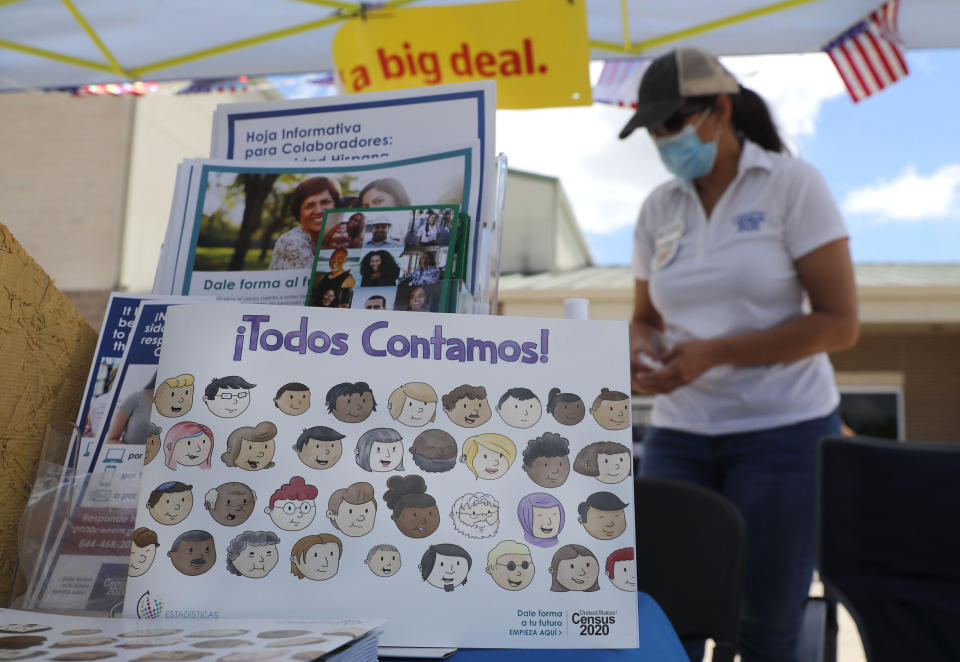 A children's book is displayed at a U.S. Census walk-up counting site set up for Hunt County in Greenville, Texas, Friday, July 31, 2020. (AP Photo/LM Otero)