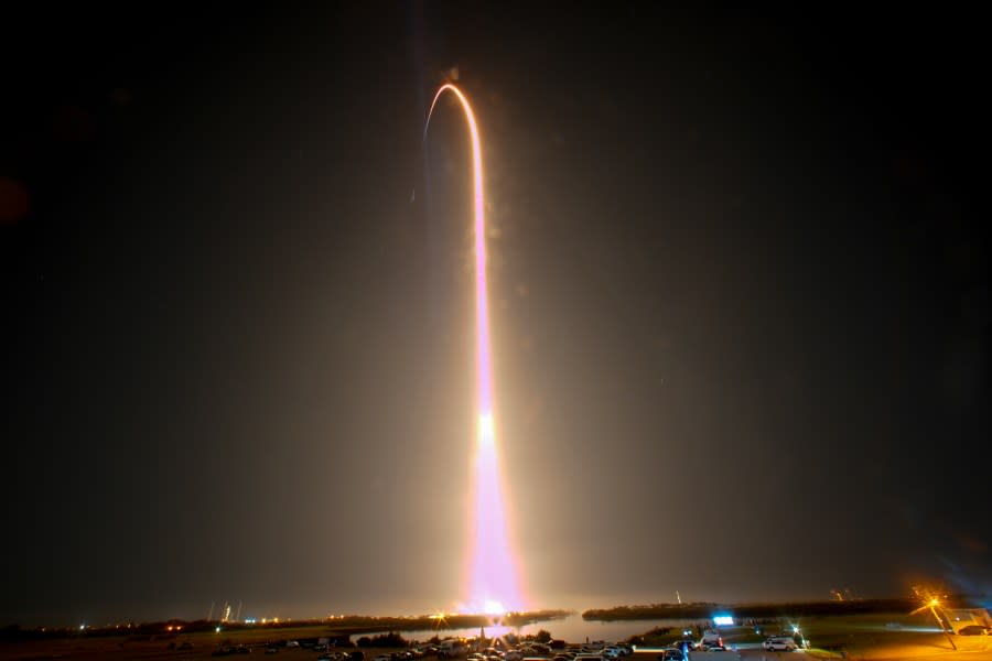 A SpaceX Falcon 9 rocket and Dragon capsule with a crew of four on a mission to the International Space Station is seen during a time exposure as it lifts off from pad 39A at the Kennedy Space Center in Cape Canaveral, Fla., Sunday, March 3, 2024. (AP Photo/John Raoux)