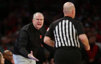 Rutgers head coach Steve Pikiell argues with a referee during the first half of an NCAA college basketball game against Michigan State in New York, Saturday, Feb. 4, 2023. (AP Photo/Noah K. Murray)