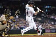 Arizona Diamondbacks' Christian Walker (53) strikes out as San Diego Padres catcher Jorge Alfaro reaches for the ball during the first inning of a baseball game Tuesday, June 28, 2022, in Phoenix. (AP Photo/Ross D. Franklin)