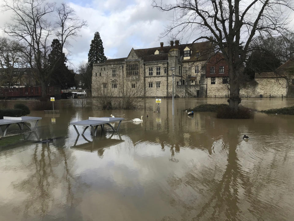 A general view of the aftermath of Storm Dennis, in Maidstone, England, Monday, Feb. 17, 2020. Britain issued five severe flood alerts on Monday, warning of a danger to life after Storm Dennis dumped weeks worth of rain in some places. It gale-force winds also injured nine people in weather-related car accidents in Germany and caused flooding and power outages elsewhere in northern Europe. (Michael Drummond/PA via AP)