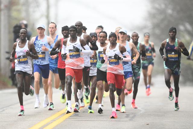 BOSTON, MA - APRIL 17: Sara Hall of the United States approaches the finish  line of the 127th Boston Marathon on April 17, 2023 on Boylston Street in  Boston, MA. (Photo by