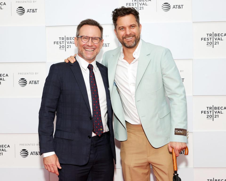 <p>Christian Slater and Joshua Jackson pose on the red carpet at the 2021 Tribeca Film Festival premier of <em>Dr. Death</em> on June 14. </p>