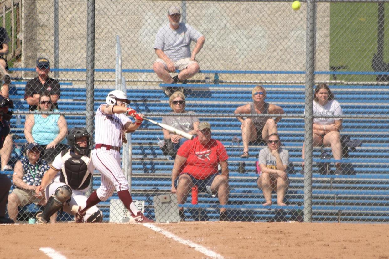 John Glenn junior Hannah Bendle connects for a home run during Saturday's doubleheader action at Division I Lancaster High School. Bendle was named the MVL Big School Division player of the year.