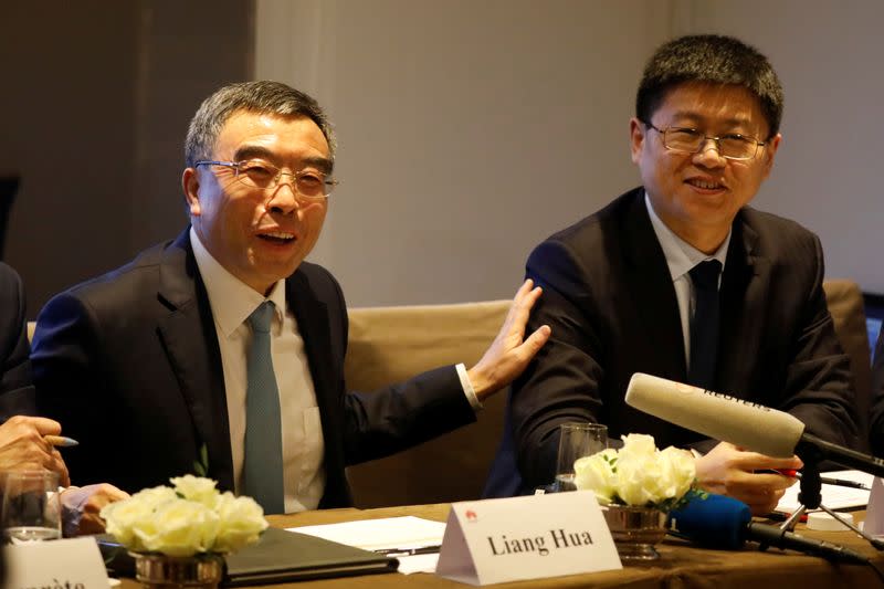 Liang Hua Chairman of Huawei attends a news conference in Paris