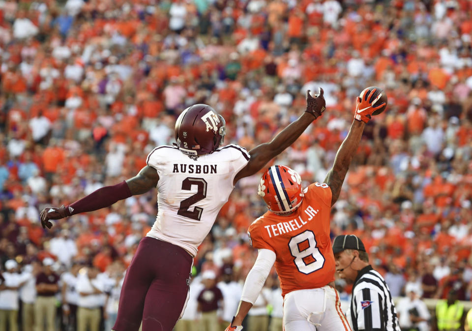 Clemson's A.J. Terrell (8) blocks a pass intended for Texas A&M's Jhamon Ausbon during the second half of an NCAA college football game Saturday, Sept. 7, 2019, in Clemson, S.C. (AP Photo/Richard Shiro)