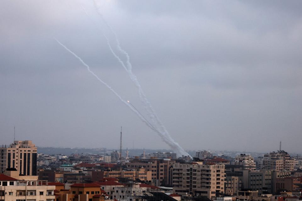 Rockets are launched from Gaza City toward Israel on May 12, 2023. <em>Photo by MAHMUD HAMS/AFP via Getty Images</em>