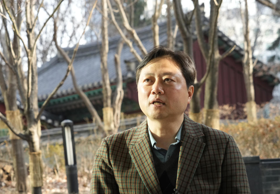 Min Seungki, an electronics company manager, speaks during an interview with The Associated Press in Seoul, South Korea, Tuesday, Jan. 30, 2024. North Korea’s recent escalation of threats and endless tests of weapons aimed toward South Korea haven't done much to upset the calm in Seoul. Residents like Min Seungki in the South's capital feel they've seen it all before and it's North Korea's way of getting attention in an election year for South Korea and the U.S. (AP Photo/Ahn Young-joon)