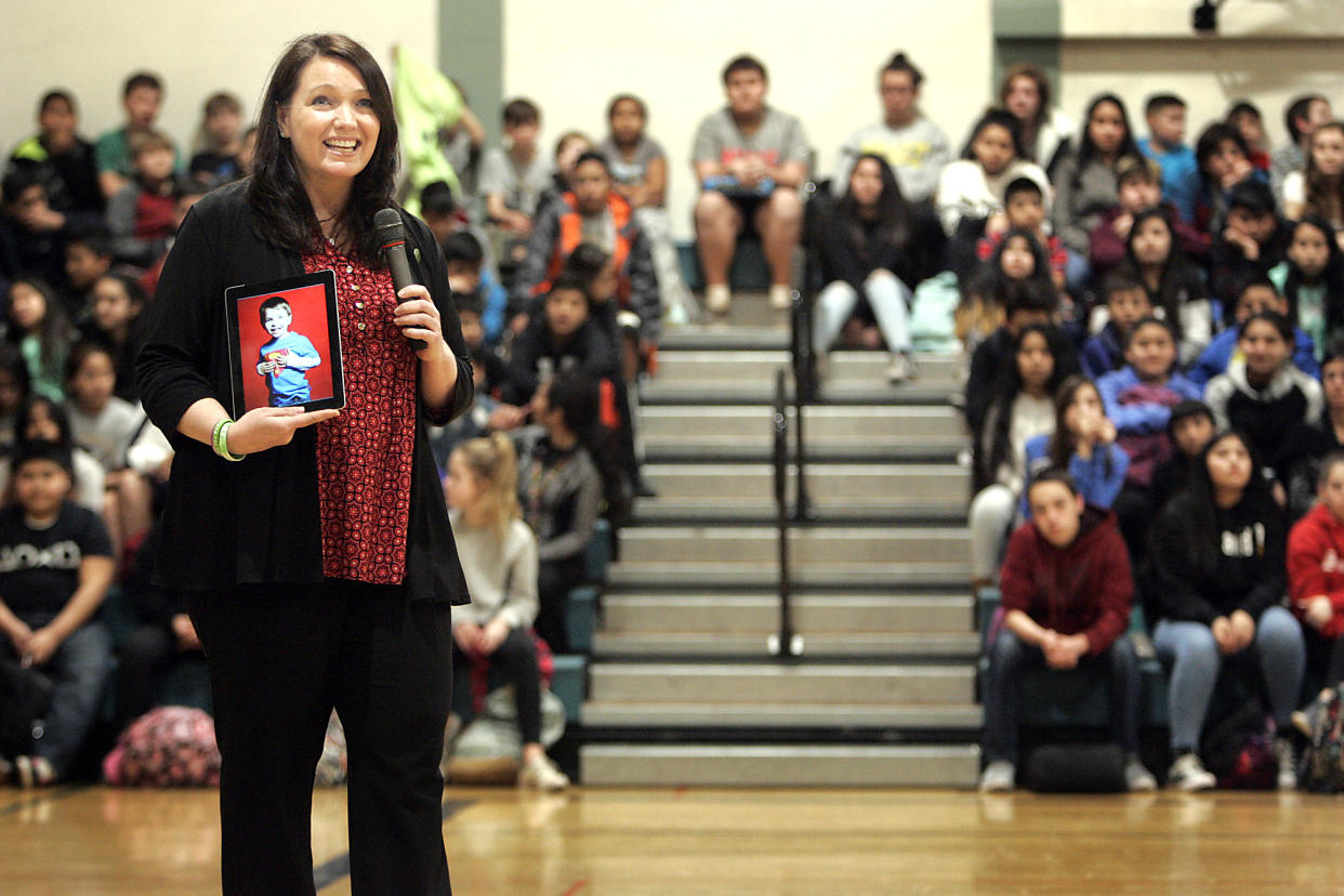 Nicole Hockley, founder and managing director of Sandy Hook Promise, shares a photograph of her son Dylan at a Harvest Magnet Middle School assembly in Napa, Calif., in March 2017. (Photo: Napa Valley Register via Zuma Wire)