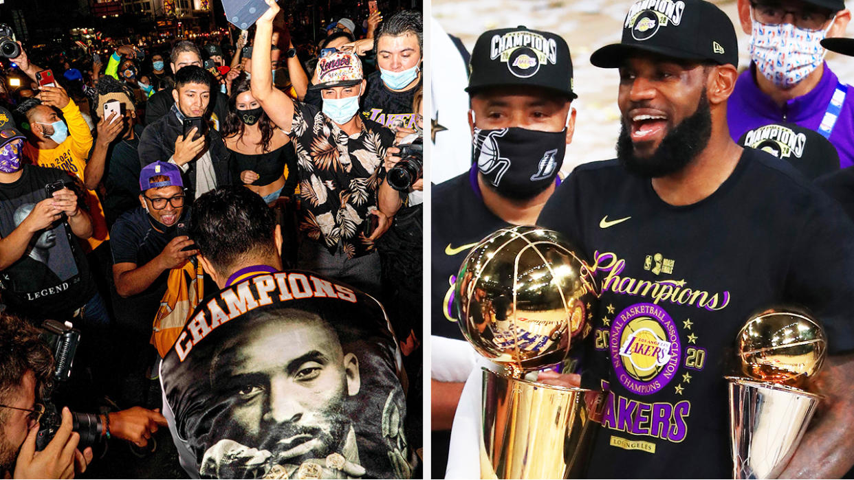 A 50-50 split image shows Lakers fans celebrating on the left, and LeBron James with after winning the NBA Finals for the Lakers on the right.