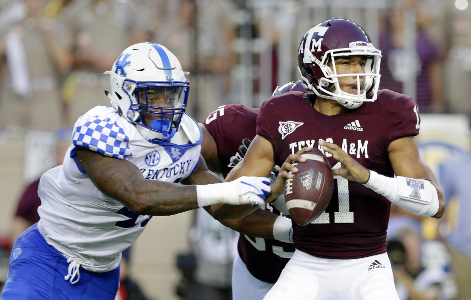 Kentucky linebacker Josh Allen (41) catches Texas A&M quarterback Kellen Mond (11) for a sack during the first half of an NCAA college football game Saturday, Oct. 6, 2018, in College Station, Texas. (AP Photo/Michael Wyke)