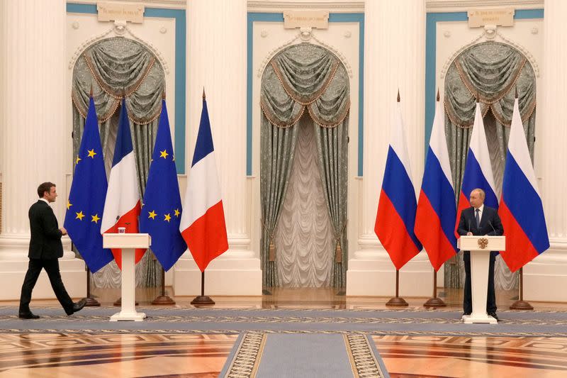 FILE PHOTO: Russian President Vladimir Putin meets with French President Emmanuel Macron in Moscow