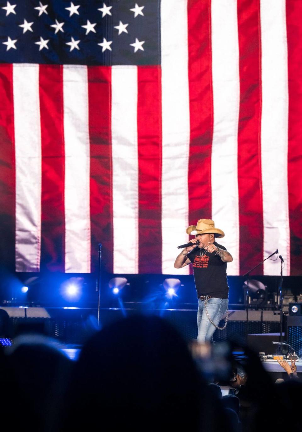 Jason Aldean performs “Tough Crowd” during his Highway Desperado tour concert Thursday, Sept. 21, 2023, at Toyota Amphitheatre in Yuba County.