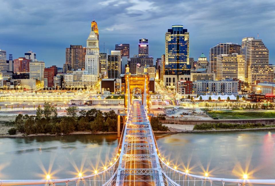 cincinnatti skyline from atop roebling bridge, covington, kentucky