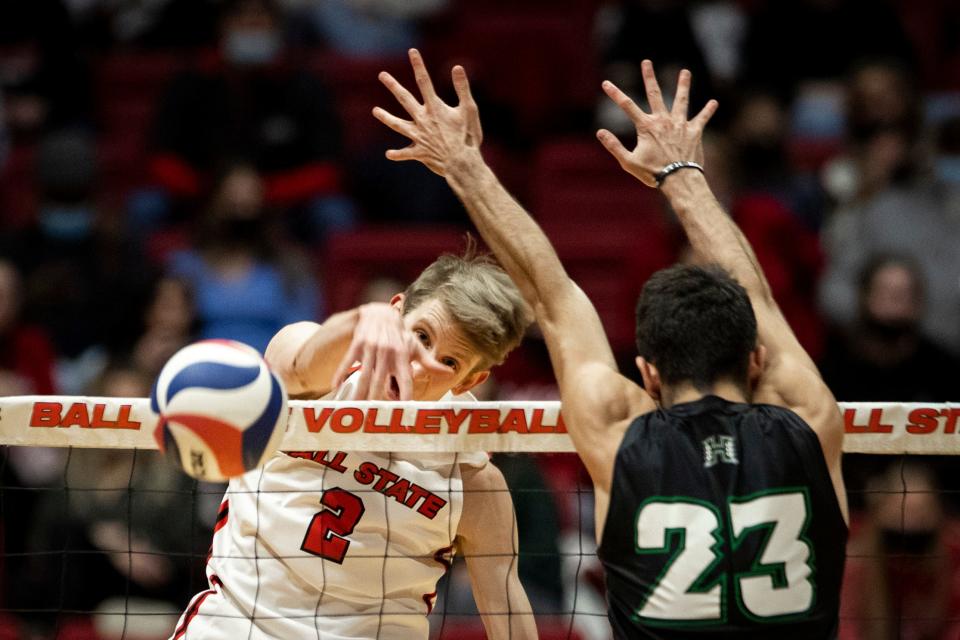 Ball State men’s volleyball's Kaleb Jenness gets a kill during his team's match against the University of Hawai'i on Friday, Jan. 29, 2022.