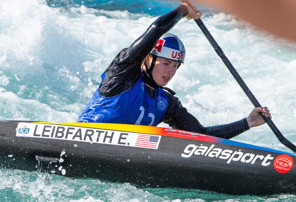 Evy Leibfarth competes in the U.S. Olympic Team Trials for kayak at Montgomery Whitewater in Montgomery, Al., on Saturday April 13, 2024.