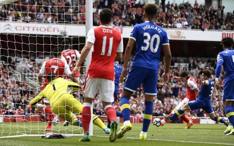 <p>Arsenal v Everton – Premier League – Emirates Stadium – 21/5/17 Arsenal’s Hector Bellerin scores their first goal Reuters / Dylan Martinez Livepic </p>