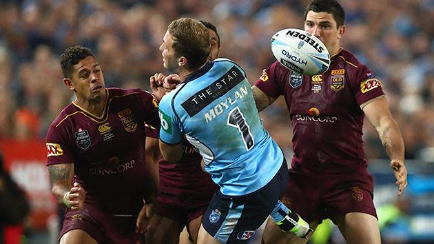 NSW debutant Matt Moylan fumbles a high ball.